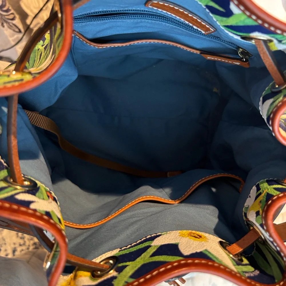 Dooney & Bourke Blue Floral Bucket Bag with Tan Trim - Picture 12 of 13